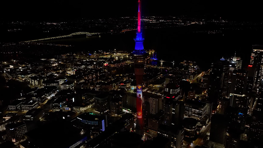 The Man of Steel fly’s by Auckland’s Sky Tower for James Gunn’s ‘Superman’